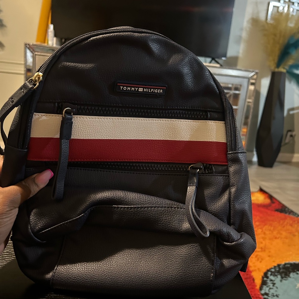 Tommy Hilfiger Black Backpack with Red and White Stripe